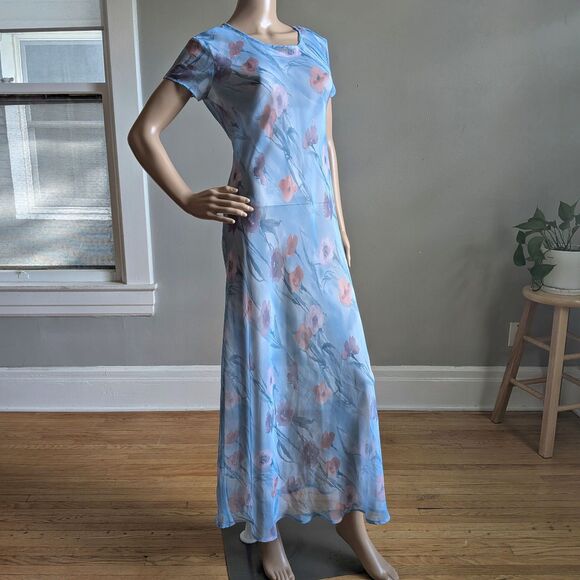 Vintage Y2K Express Blue Maxi Dress Semi Sheer Overlay Floral Fairycore Size 3-4 - Picture 2 of 11